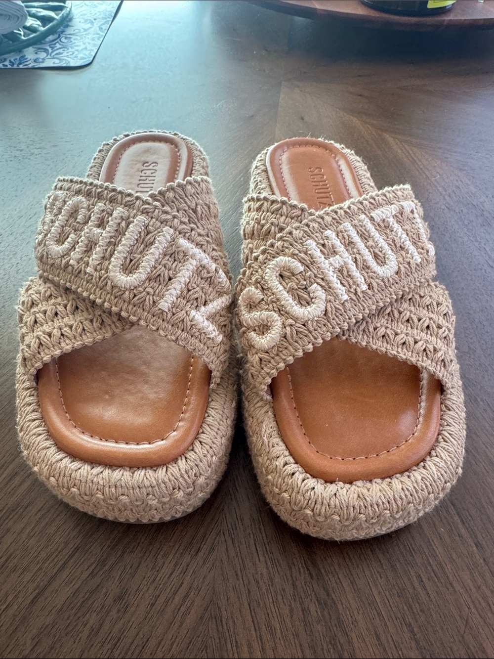 SCHUTZ Tan Crochet Crossband Slide Sandals